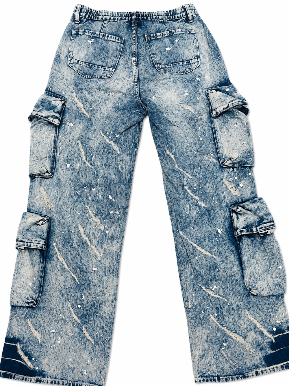 Smoke Rise RED Women’s Cargo Jeans Paint Splatter Wide Leg Blue Size M
